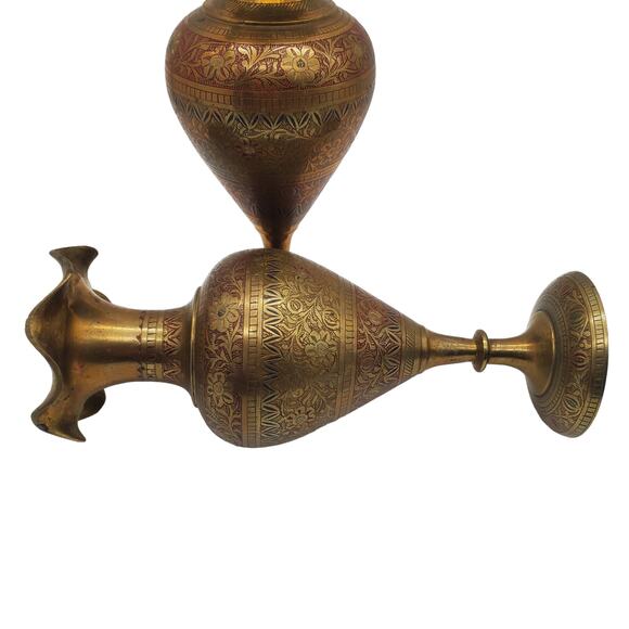 Solid Brass Etched Vase Enamel Red Black Floral Vintage MCM Ruffled Rustic Decor - Picture 7 of 11